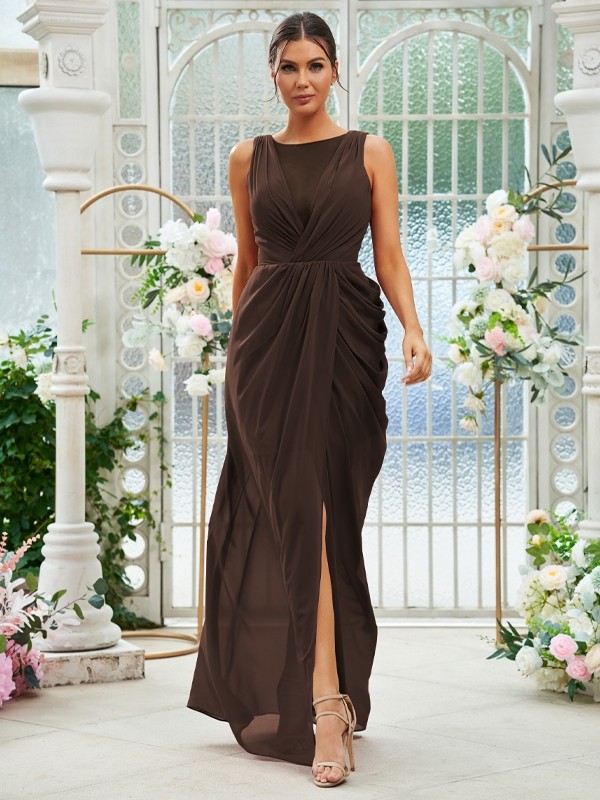 Sheath/Column Chiffon Ruched Scoop Sleeveless Floor-Length Bridesmaid Dresses 2904