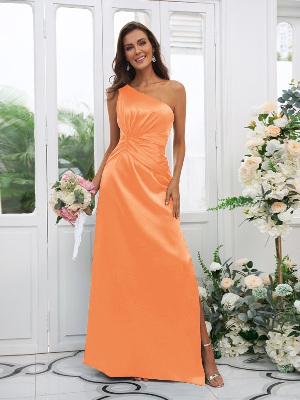 Sheath/Column Elastic Woven Satin Ruched One-Shoulder Sleeveless Floor-Length Bridesmaid Dresses 2922