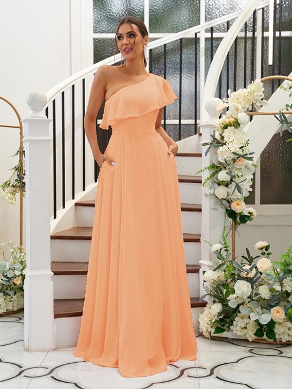 A-Line/Princess Chiffon Ruffles One-Shoulder Sleeveless Floor-Length Bridesmaid Dresses 2205