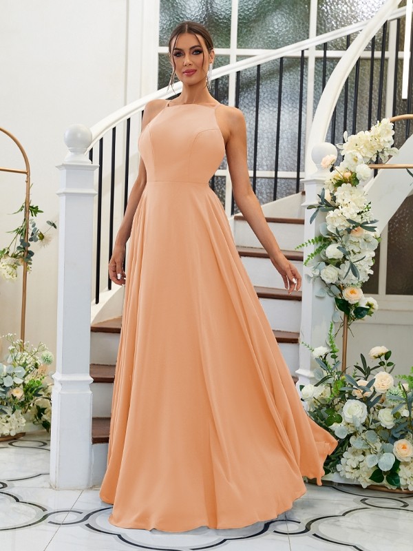 A-Line/Princess Chiffon Ruffles Halter Sleeveless Floor-Length Bridesmaid Dresses 2195