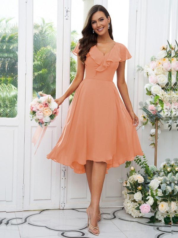 A-Line/Princess Chiffon Ruffles V-neck Short Sleeves Asymmetrical Bridesmaid Dresses 2221