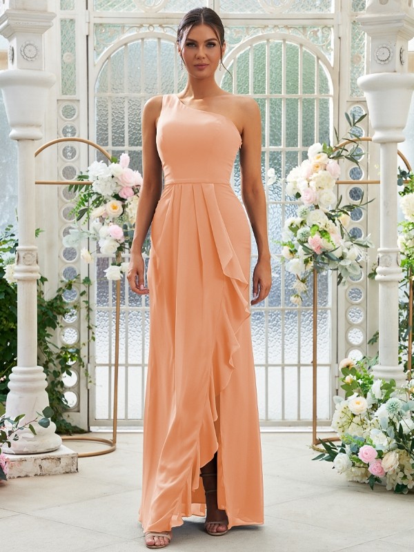 Sheath/Column Chiffon Ruffles One-Shoulder Sleeveless Floor-Length Bridesmaid Dresses 2914