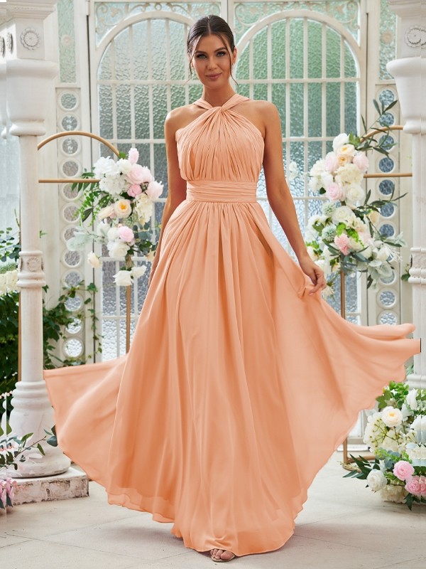 A-Line/Princess Chiffon Ruched Halter Sleeveless Floor-Length Bridesmaid Dresses 2154