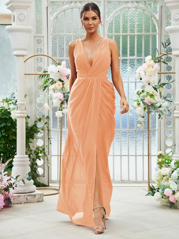 Sheath/Column Chiffon Ruched Scoop Sleeveless Floor-Length Bridesmaid Dresses 2904