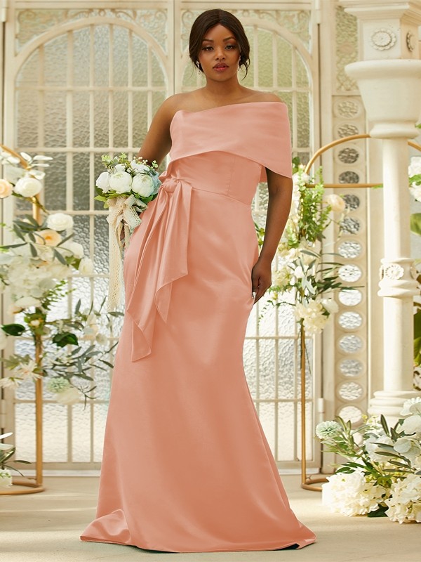 Sheath/Column Satin Ruched One-Shoulder Sleeveless Sweep/Brush Train Bridesmaid Dresses 3022