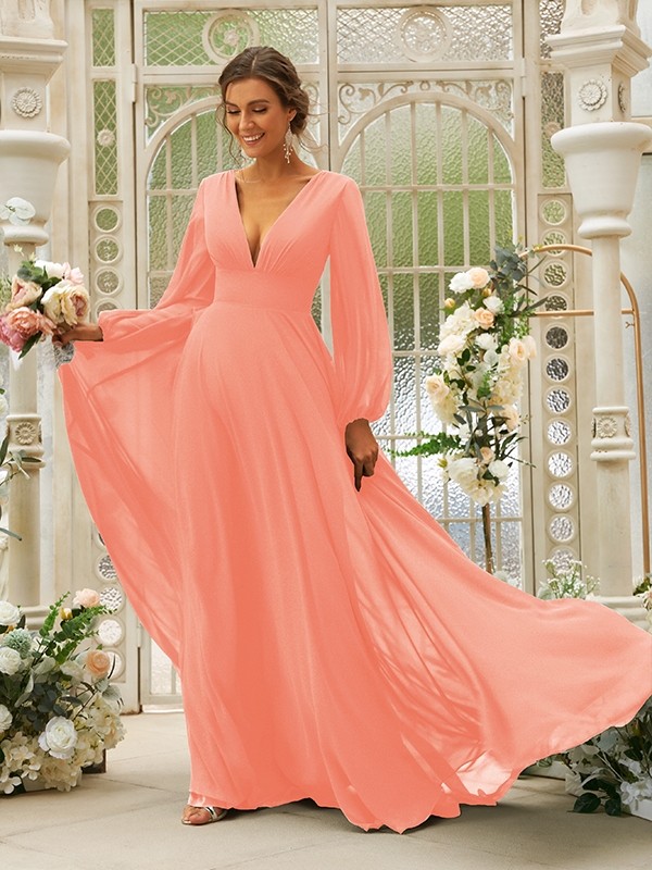 A-Line/Princess Chiffon Ruffles V-neck Long Sleeves Sweep/Brush Train Bridesmaid Dresses 2219