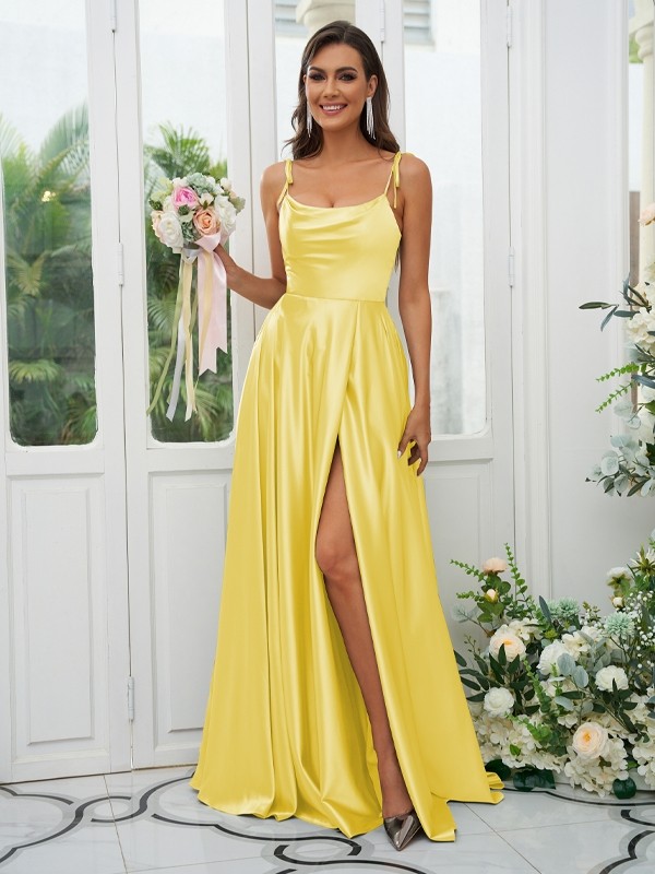 A-Line/Princess Silk like Satin Ruffles Spaghetti Straps Sleeveless Sweep/Brush Train Bridesmaid Dresses 2485