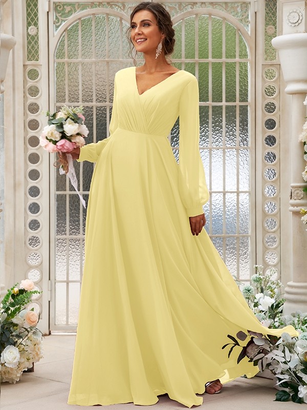 A-Line/Princess Chiffon Ruched V-neck Long Sleeves Floor-Length Bridesmaid Dresses 2169