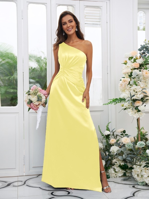 Sheath/Column Elastic Woven Satin Ruched One-Shoulder Sleeveless Floor-Length Bridesmaid Dresses 2922