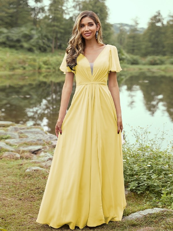 A-Line/Princess Chiffon Ruffles V-neck Short Sleeves Floor-Length Bridesmaid Dresses 2223