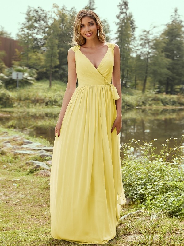 A-Line/Princess Chiffon Ruffles V-neck Sleeveless Floor-Length Bridesmaid Dresses 2235