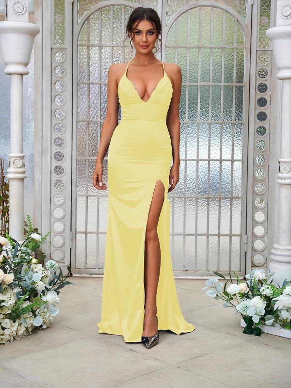 Sheath/Column Elastic Woven Satin Ruched V-neck Sleeveless Sweep/Brush Train Bridesmaid Dresses 2936