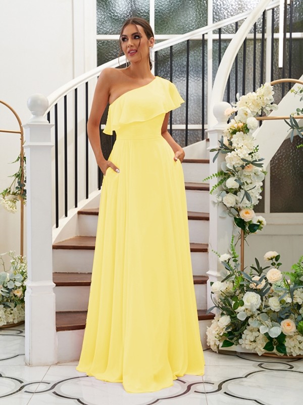 A-Line/Princess Chiffon Ruffles One-Shoulder Sleeveless Floor-Length Bridesmaid Dresses 2205