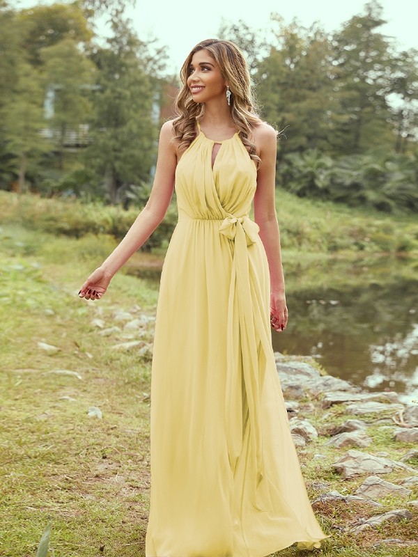 A-Line/Princess Chiffon Ruffles Halter Sleeveless Sweep/Brush Train Bridesmaid Dresses 2196