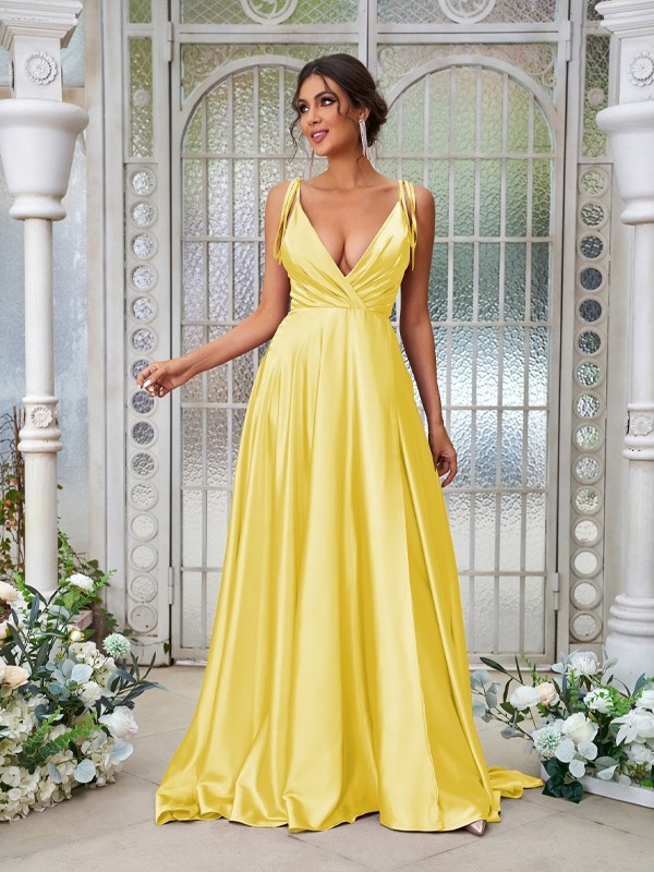 A-Line/Princess Silk like Satin Ruffles V-neck Sleeveless Sweep/Brush Train Bridesmaid Dresses 2494