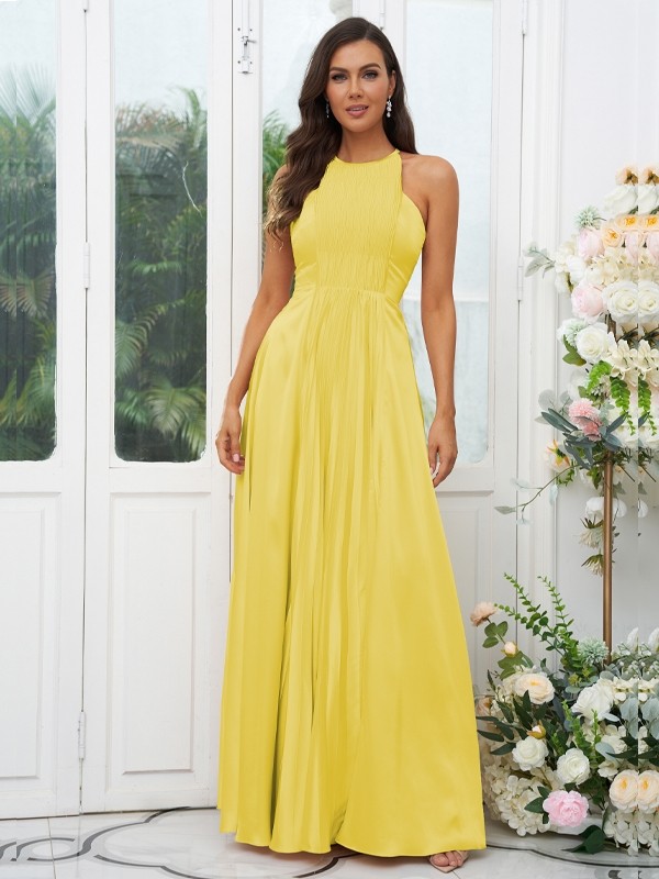 A-Line/Princess Silk like Satin Ruffles Halter Sleeveless Floor-Length Bridesmaid Dresses 2480