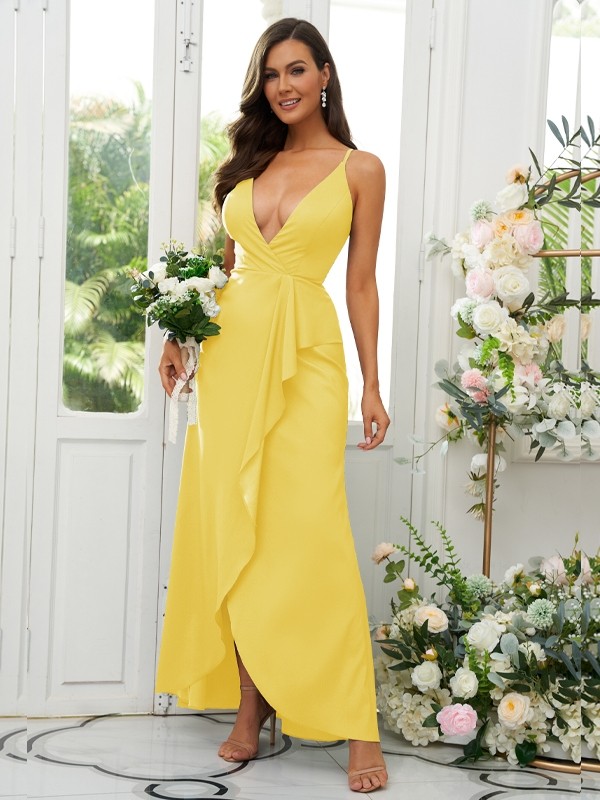 A-Line/Princess Silk like Satin Ruffles V-neck Sleeveless Floor-Length Bridesmaid Dresses 2492