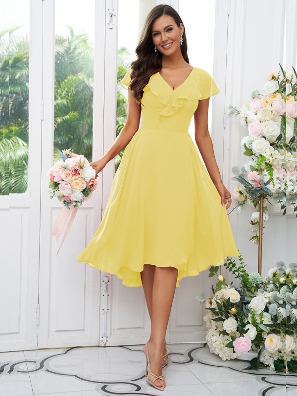 A-Line/Princess Chiffon Ruffles V-neck Short Sleeves Asymmetrical Bridesmaid Dresses 2221