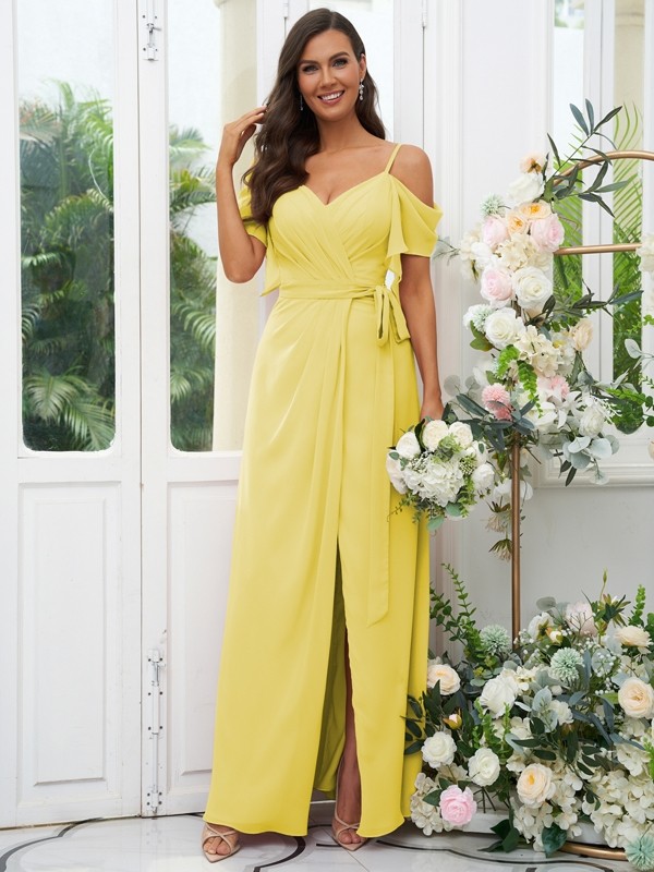 A-Line/Princess Chiffon Ruched V-neck Short Sleeves Floor-Length Bridesmaid Dresses 2171