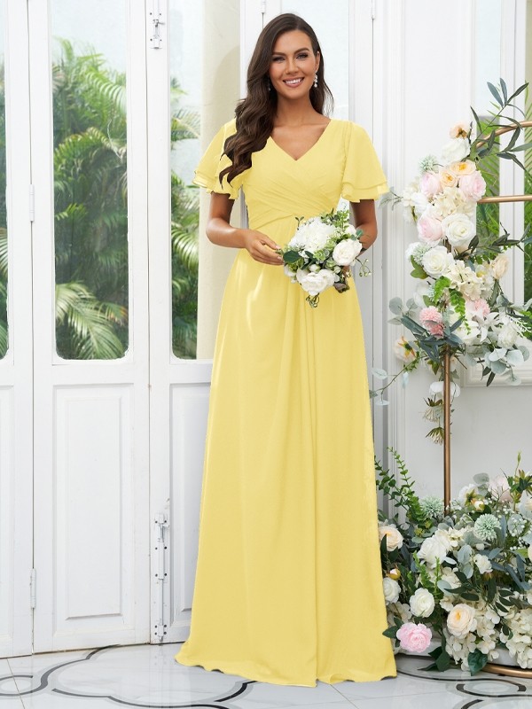 A-Line/Princess Chiffon Ruffles V-neck Short Sleeves Floor-Length Bridesmaid Dresses 2225