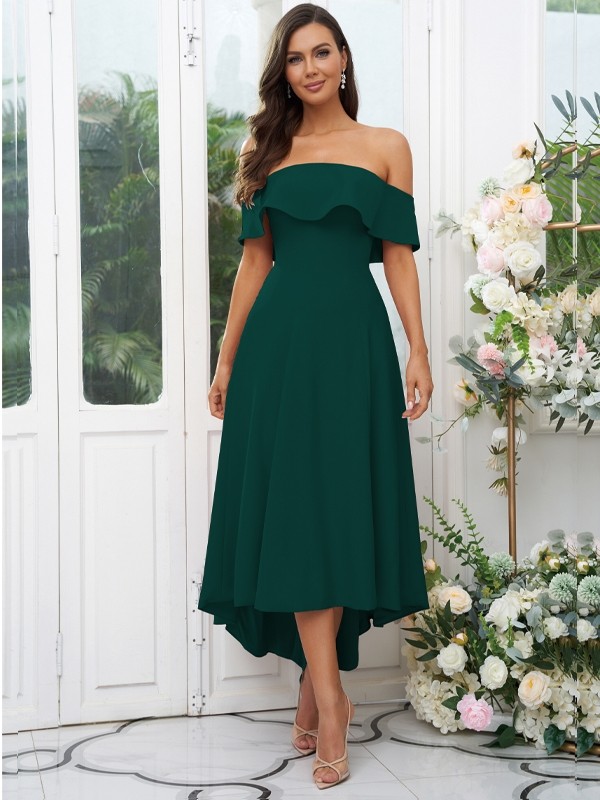 A-Line/Princess Stretch Crepe Ruffles Off-the-Shoulder Sleeveless Asymmetrical Bridesmaid Dresses 2662