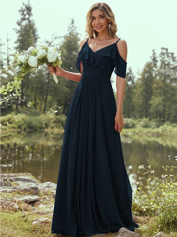 A-Line/Princess Chiffon Ruffles V-neck Sleeveless Floor-Length Bridesmaid Dresses 2233