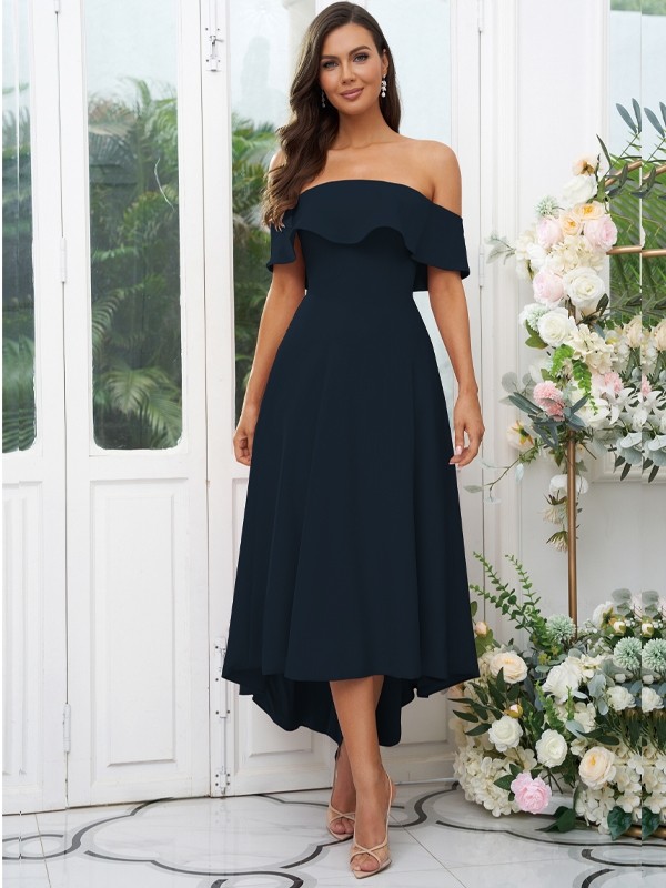 A-Line/Princess Stretch Crepe Ruffles Off-the-Shoulder Sleeveless Asymmetrical Bridesmaid Dresses 2662