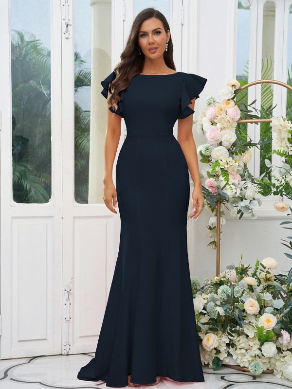 Sheath/Column Stretch Crepe Ruffles Scoop Short Sleeves Sweep/Brush Train Bridesmaid Dresses 3193