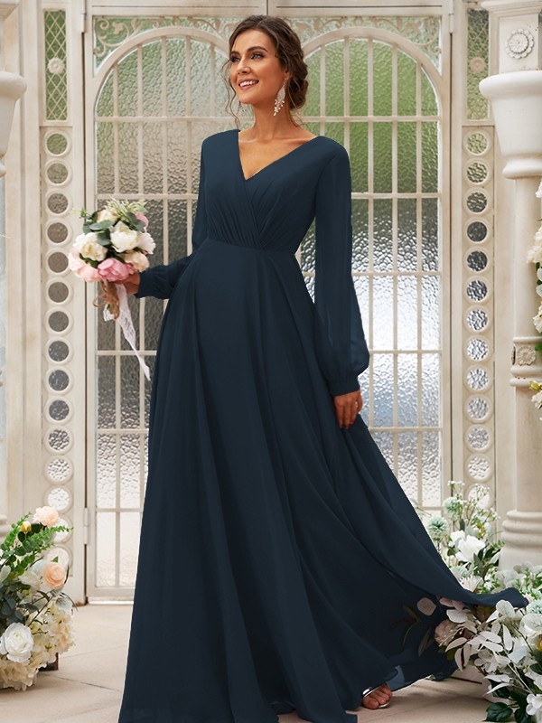 A-Line/Princess Chiffon Ruched V-neck Long Sleeves Floor-Length Bridesmaid Dresses 2169