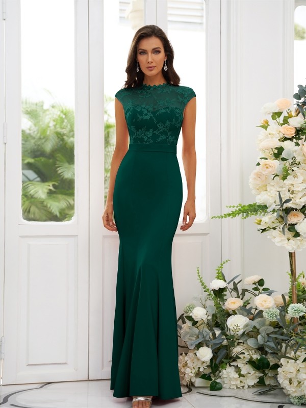 Trumpet/Mermaid Stretch Crepe Applique High Neck Sleeveless Floor-Length Bridesmaid Dresses 3243