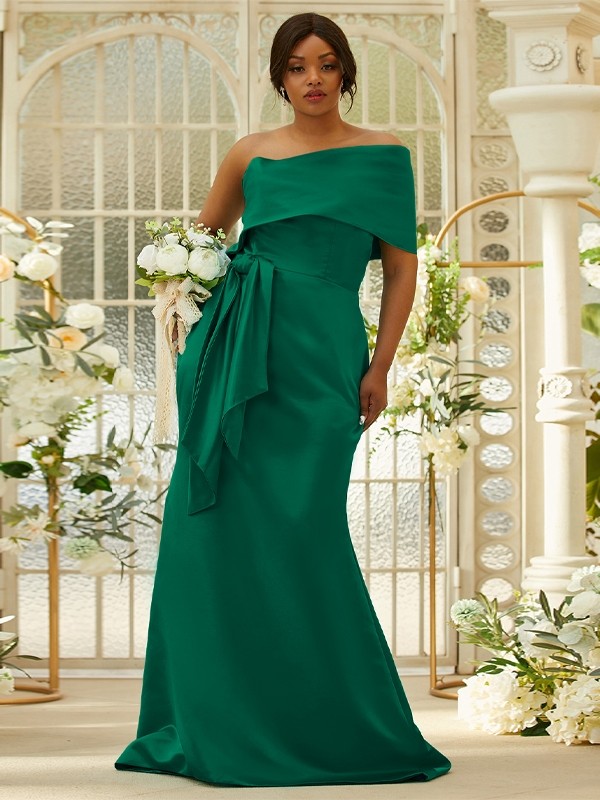 Sheath/Column Satin Ruched One-Shoulder Sleeveless Sweep/Brush Train Bridesmaid Dresses 3022