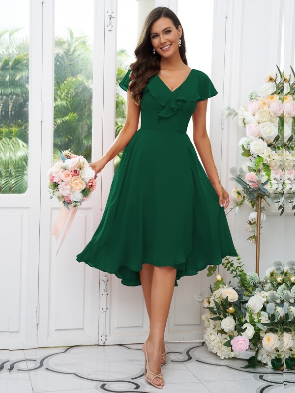 A-Line/Princess Chiffon Ruffles V-neck Short Sleeves Asymmetrical Bridesmaid Dresses 2221