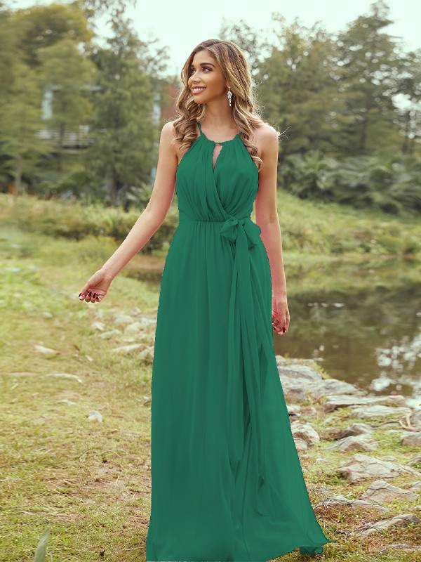 A-Line/Princess Chiffon Ruffles Halter Sleeveless Sweep/Brush Train Bridesmaid Dresses 2196