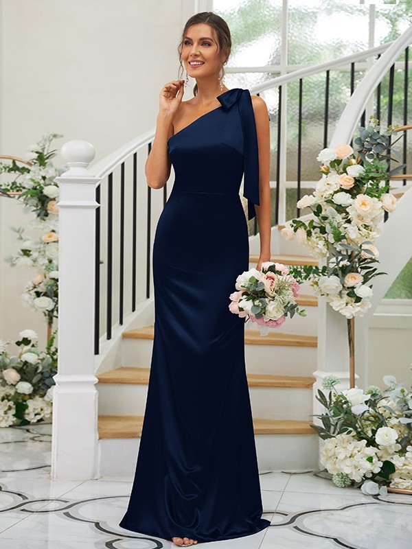 Sheath/Column Silk like Satin Bowknot One-Shoulder Sleeveless Floor-Length Bridesmaid Dresses 3052