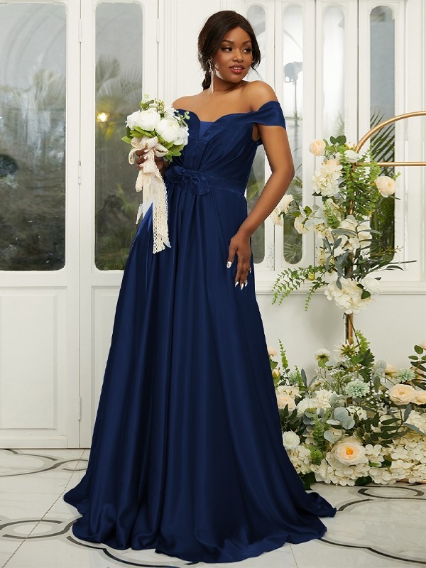 A-Line/Princess Silk like Satin Ruffles Off-the-Shoulder Sleeveless Sweep/Brush Train Bridesmaid Dresses 2482