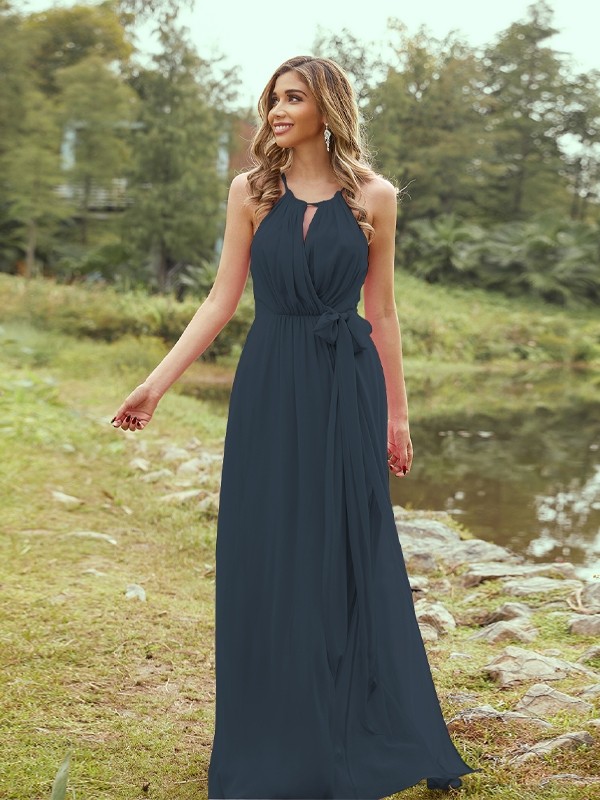 A-Line/Princess Chiffon Ruffles Halter Sleeveless Sweep/Brush Train Bridesmaid Dresses 2196