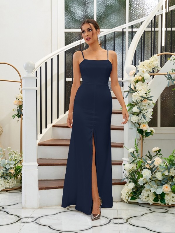 A-Line/Princess Silk like Satin Ruffles Spaghetti Straps Sleeveless Floor-Length Bridesmaid Dresses 2484