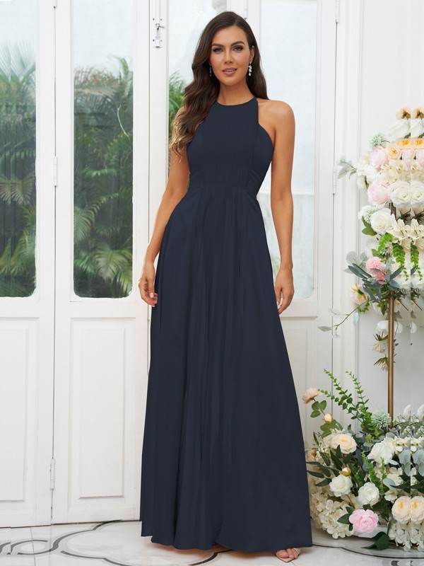 A-Line/Princess Silk like Satin Ruffles Halter Sleeveless Floor-Length Bridesmaid Dresses 2480