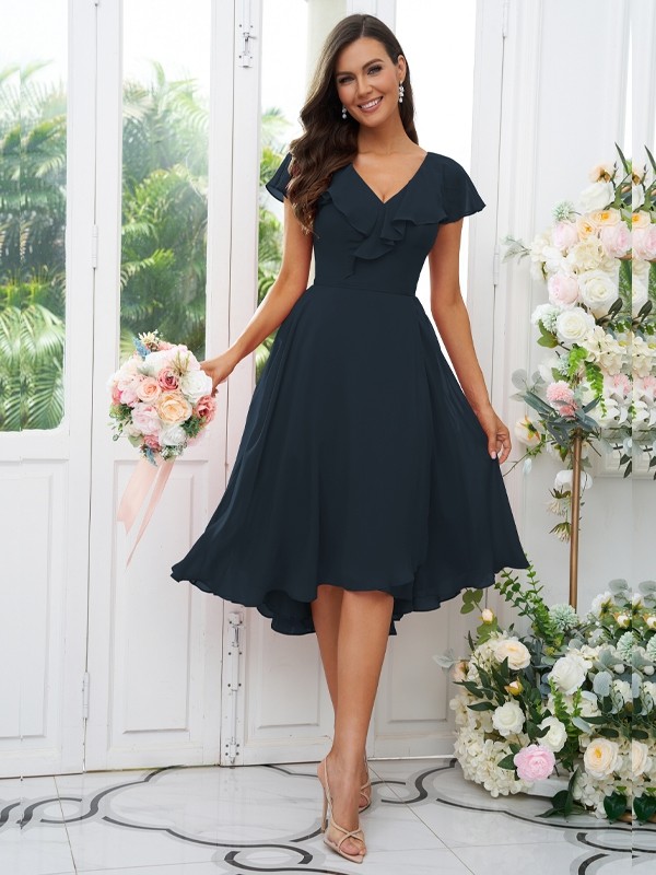 A-Line/Princess Chiffon Ruffles V-neck Short Sleeves Asymmetrical Bridesmaid Dresses 2221