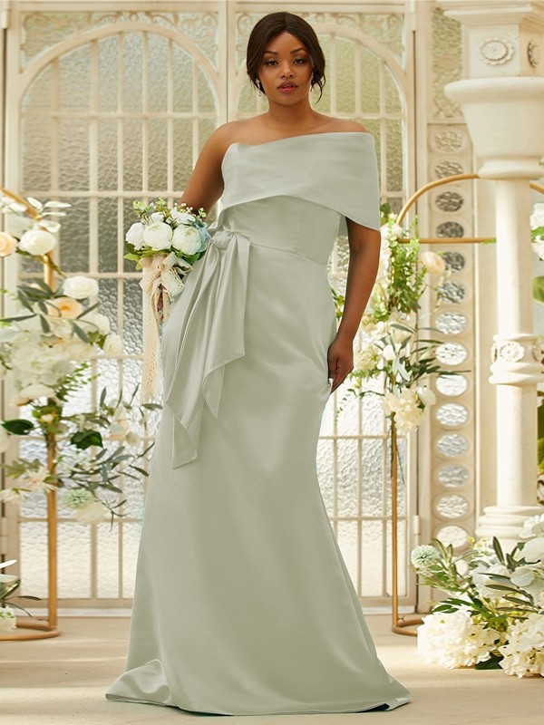 Sheath/Column Satin Ruched One-Shoulder Sleeveless Sweep/Brush Train Bridesmaid Dresses 3022