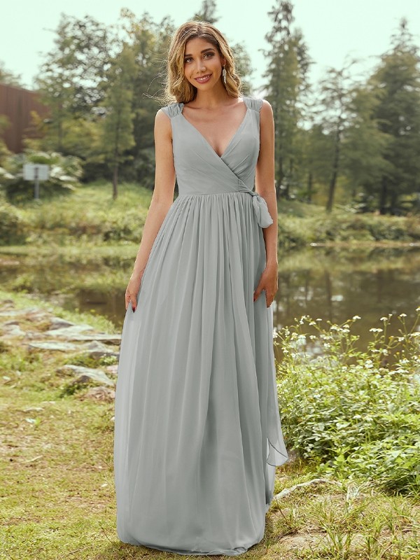 A-Line/Princess Chiffon Ruffles V-neck Sleeveless Floor-Length Bridesmaid Dresses 2235