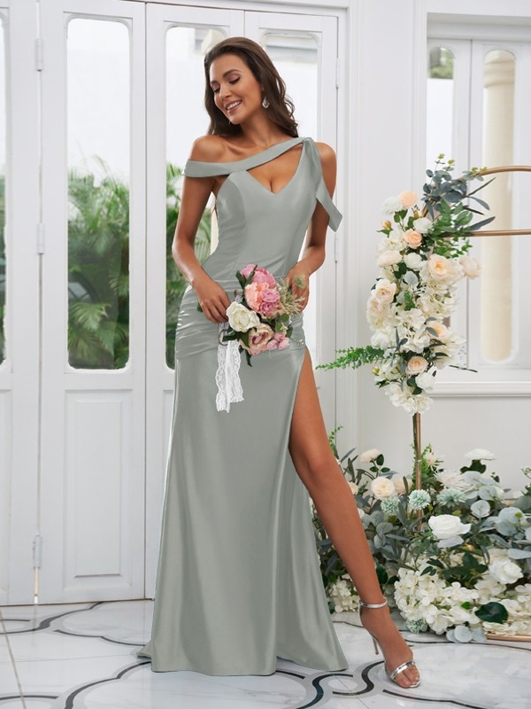 Sheath/Column Polyester Ruched Off-the-Shoulder Sleeveless Sweep/Brush Train Bridesmaid Dresses 2881