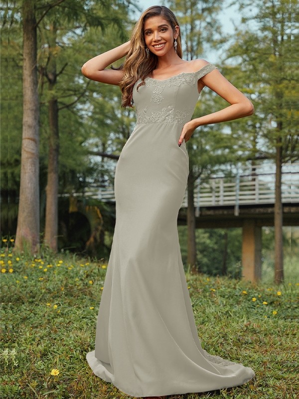 Sheath/Column Jersey Applique Off-the-Shoulder Sleeveless Sweep/Brush Train Bridesmaid Dresses 2954