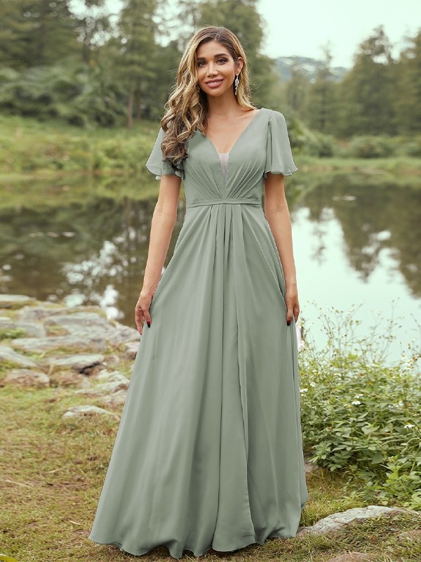 A-Line/Princess Chiffon Ruffles V-neck Short Sleeves Floor-Length Bridesmaid Dresses 2223