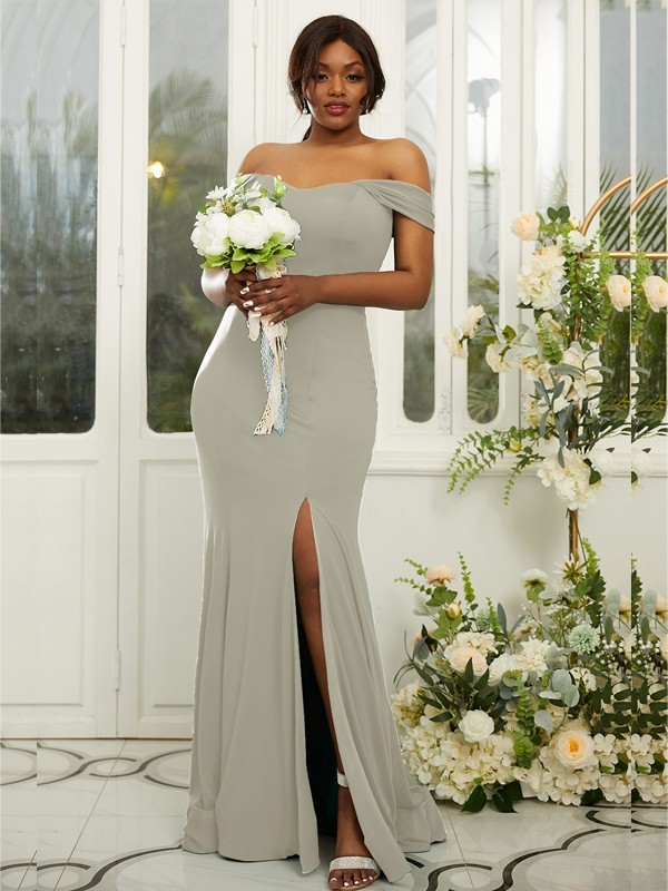 Sheath/Column Jersey Ruffles Off-the-Shoulder Sleeveless Sweep/Brush Train Bridesmaid Dresses 2969