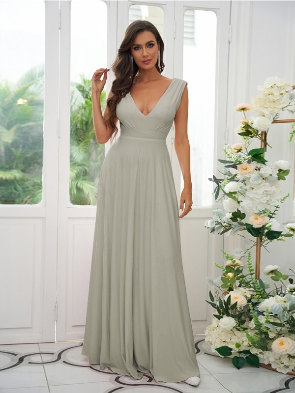 A-Line/Princess Jersey Ruffles V-neck Sleeveless Floor-Length Bridesmaid Dresses 2330