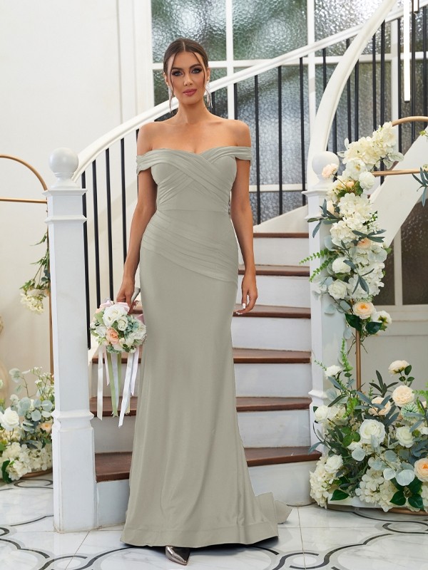 Sheath/Column Jersey Ruched Off-the-Shoulder Sleeveless Sweep/Brush Train Bridesmaid Dresses 2959