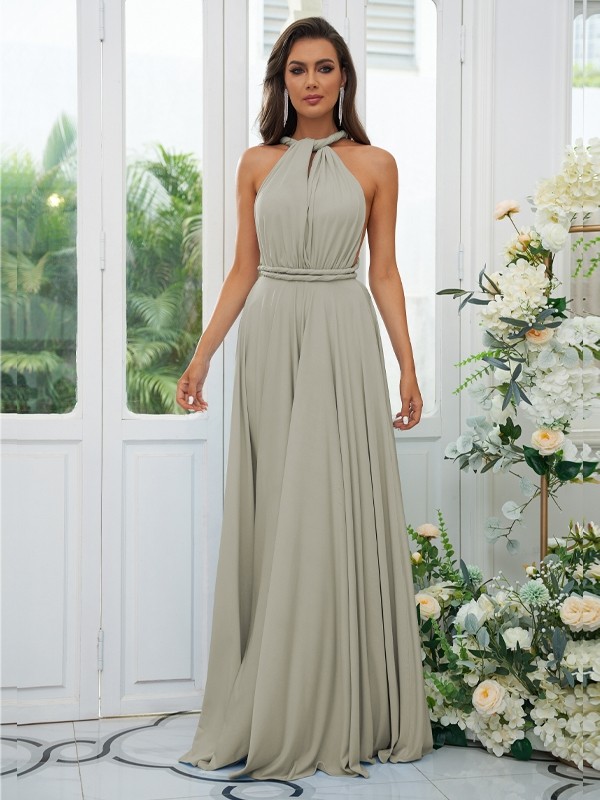 A-Line/Princess Jersey Ruffles Halter Sleeveless Floor-Length Convertible Bridesmaid Dresses 2324