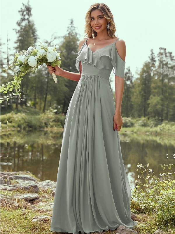 A-Line/Princess Chiffon Ruffles V-neck Sleeveless Floor-Length Bridesmaid Dresses 2233