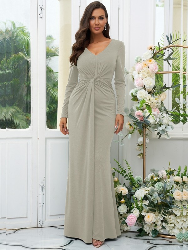 Sheath/Column Jersey Ruched V-neck Long Sleeves Floor-Length Bridesmaid Dresses 2966